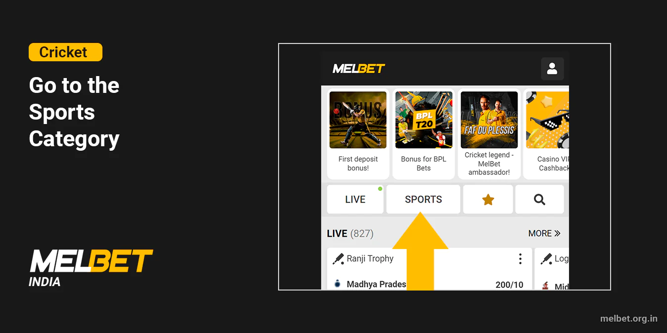 Go to Cricket Category using Top Menu - Melbet