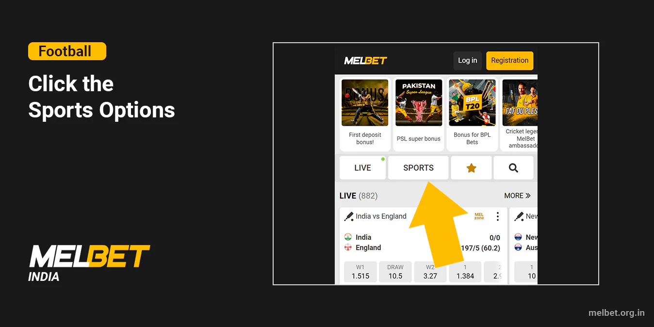Click on the 'Sports' section - Melbet India