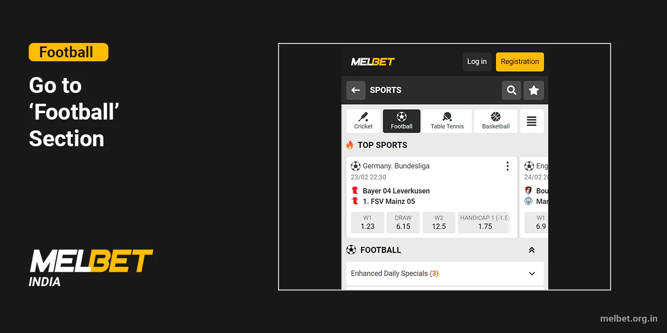 Select 'Football' in the Melbet Sports Sections