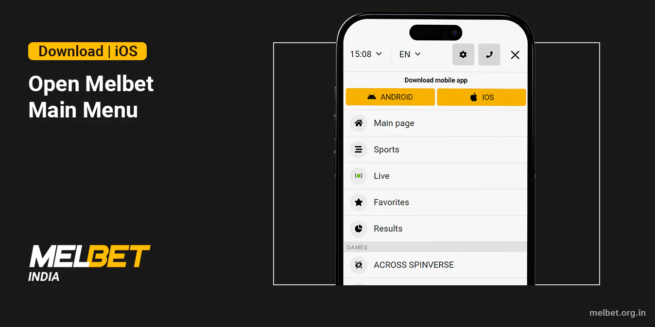 Open Melbet Main Menu to start downloading App for iOS