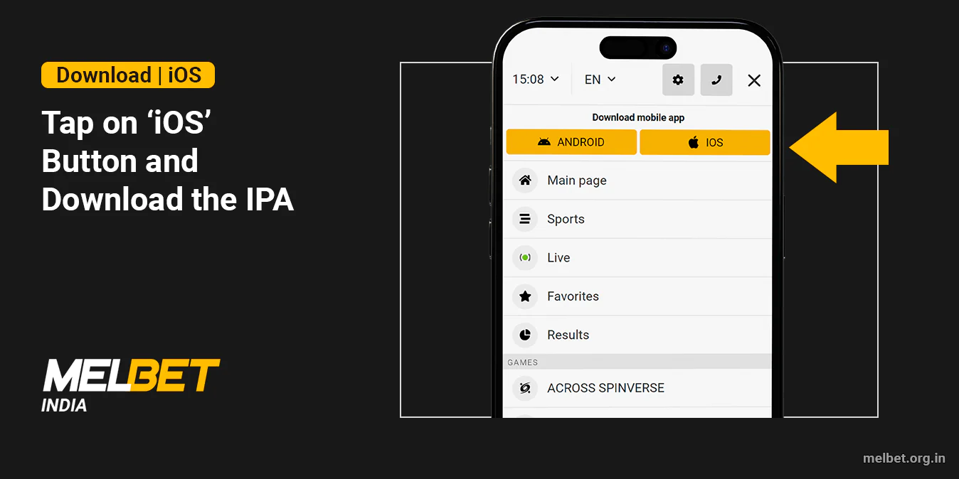 Click on the 'iOS' button to download the app - Melbet India