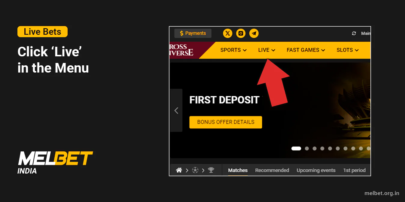 Go to Live Betting section using top menu - Melbet India