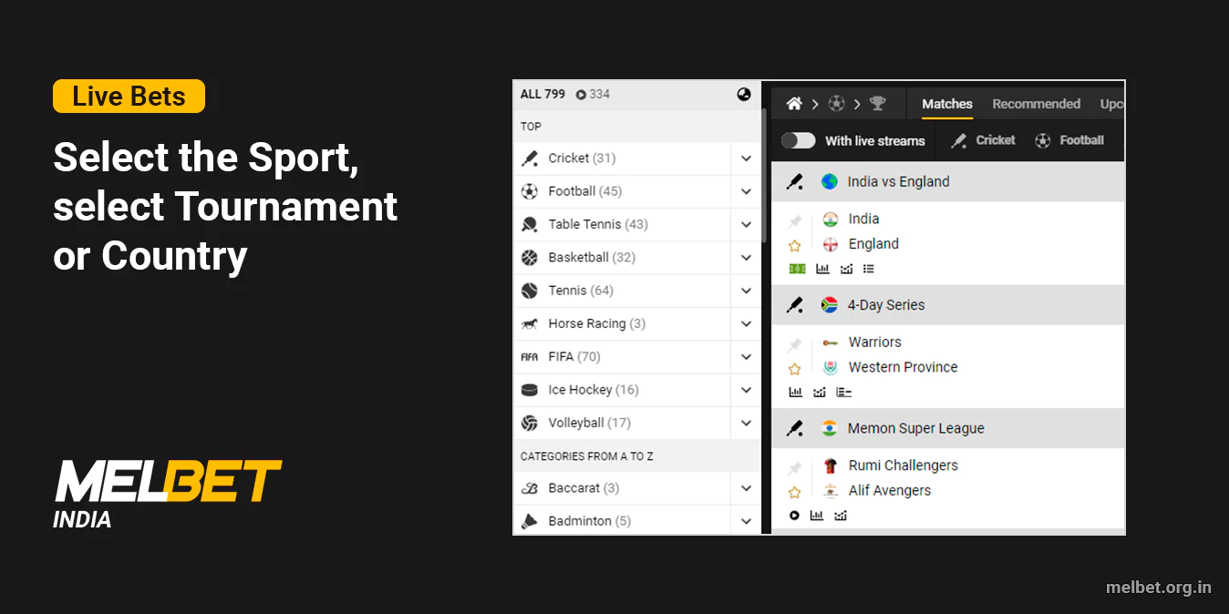 Select the Sport, Tournament and Country - Melbet Live Betting