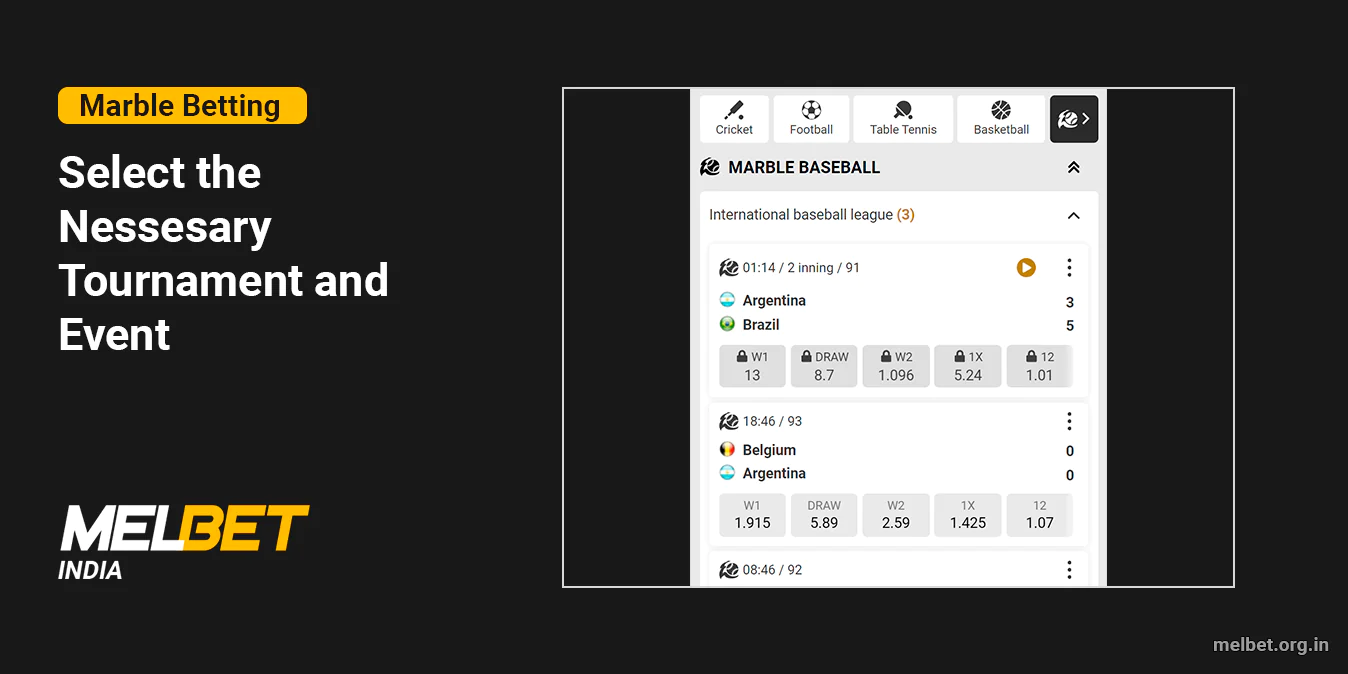 Select one of the tournaments at marble section - Melbet