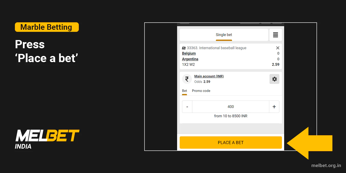 Press 'Place a Bet' to finalize marble bet at Melbet
