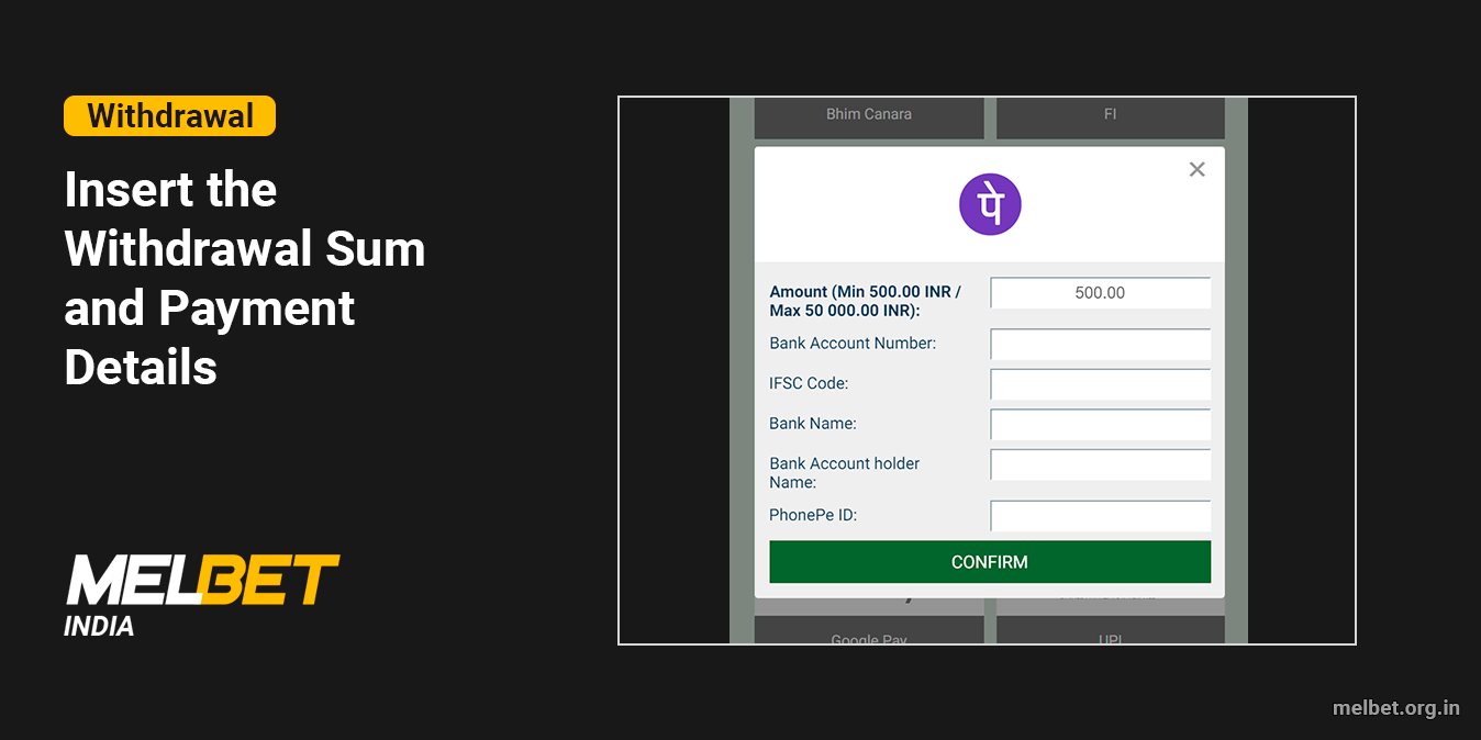 Insert the Withdrawal Sum and Other Payment Info - Melbet