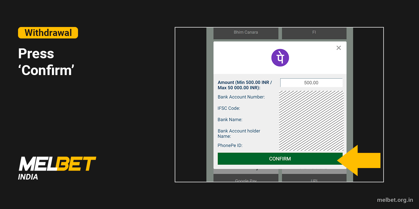 Tap 'Confirm' to finalize Melbet Withdrawal