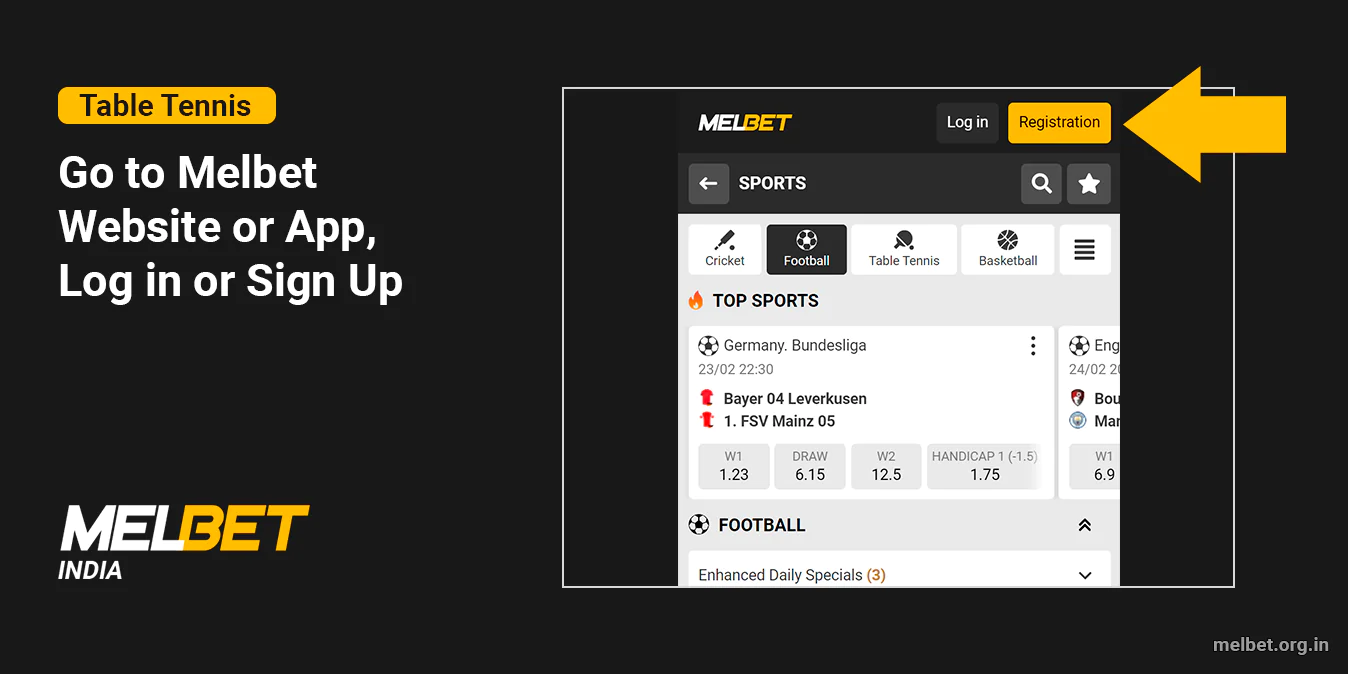 Go to Melbet Website or App and Sign In to start betting on Table Tennis