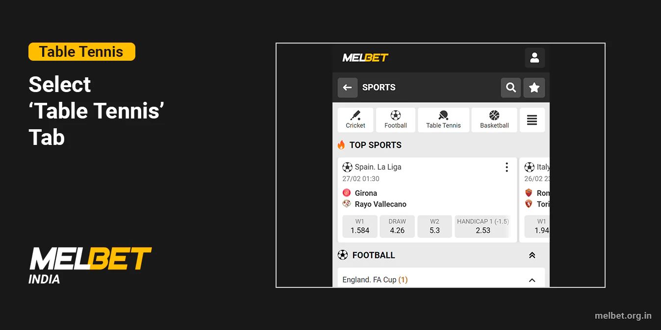 Choose 'Table tennis' Category - Melbet India