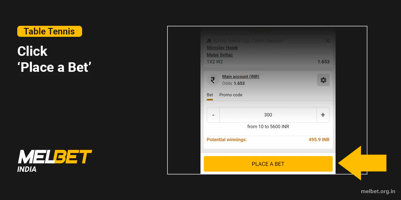 Finalize Your Table Tennis Bet by clicking 'Place a bet' button at Melbet