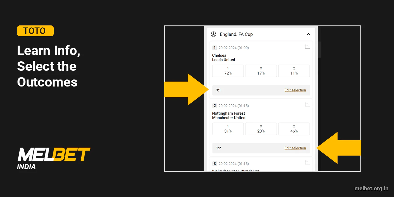 Study the events, select outcomes, make a bet and wait for the TOTO result - Melbet
