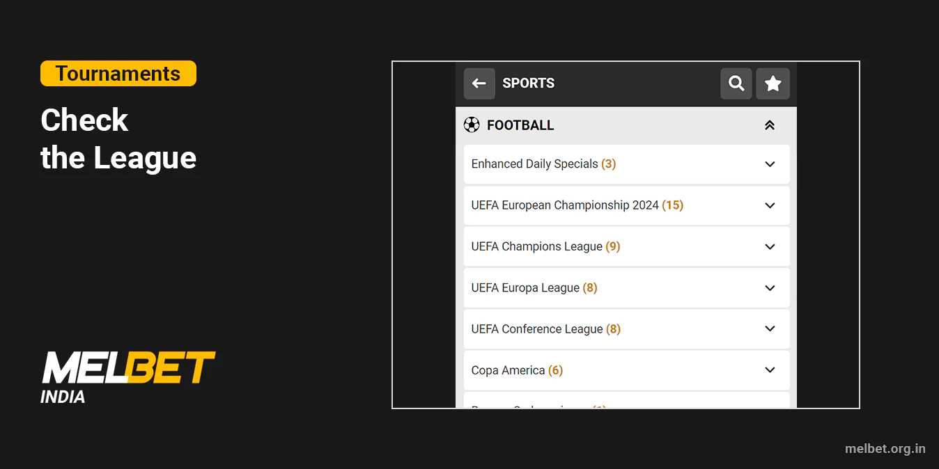 Select particular football tournament to start betting - Melbet India